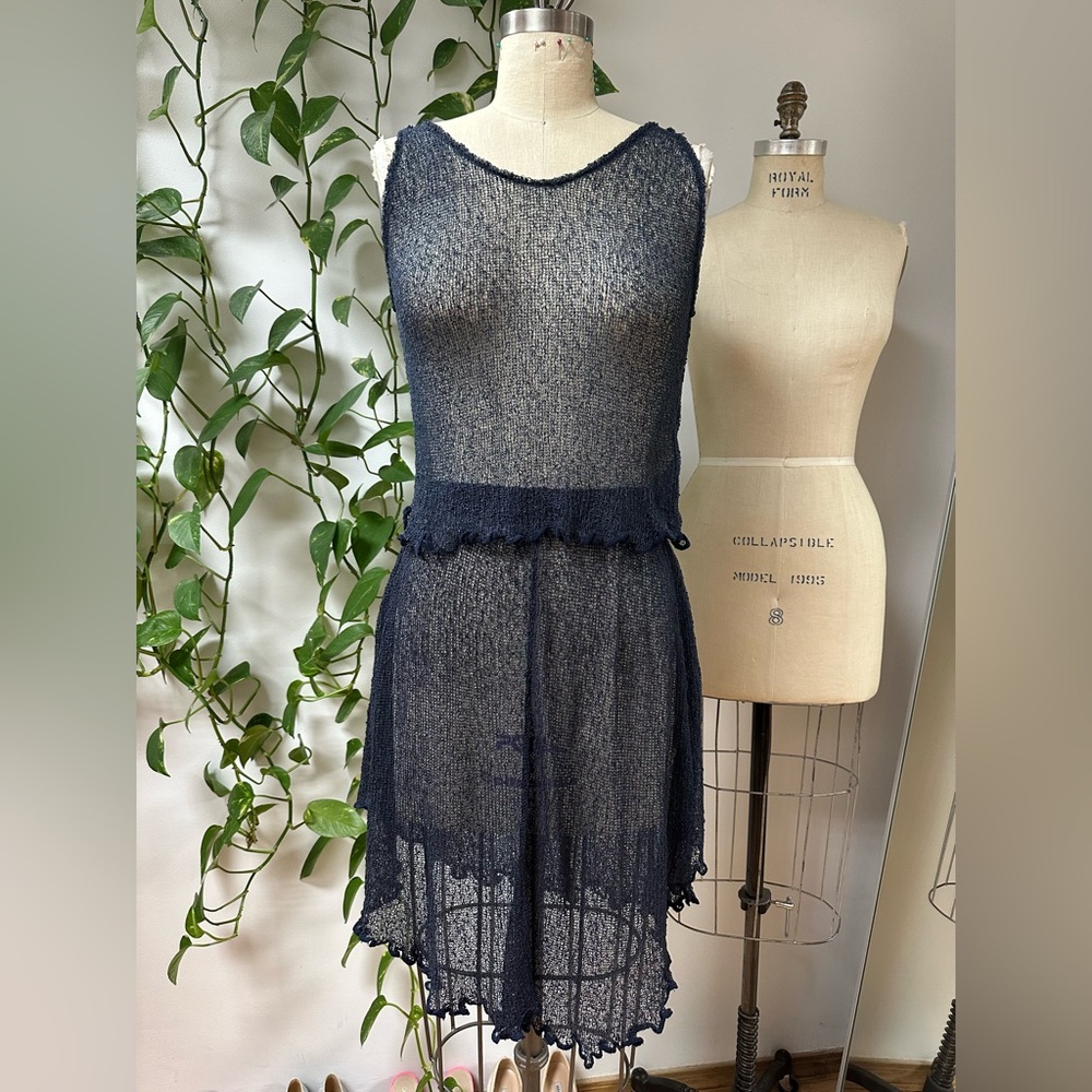 Natura • navy sheer netted 2-piece tank top + skirt set • size: medium-large